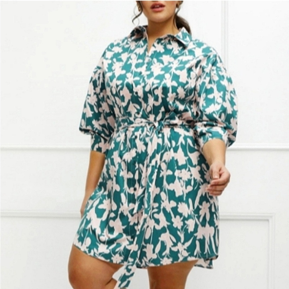 ELOQUII ELEMENTS Floral Belted Buttondown Shirtdress EUC